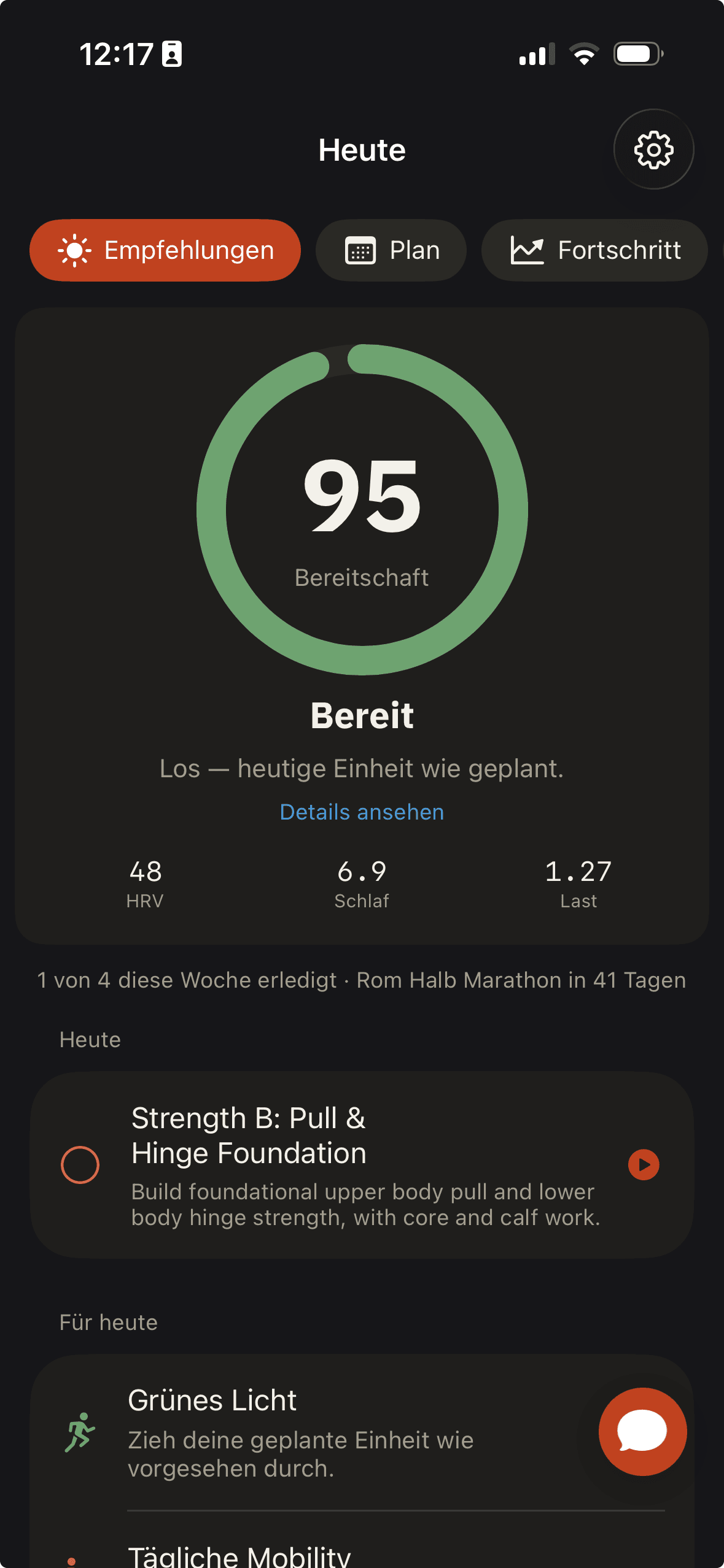KI-Trainings-App: Tagesübersicht mit Trainingsbereitschaft, Trainingsplan und Empfehlungen